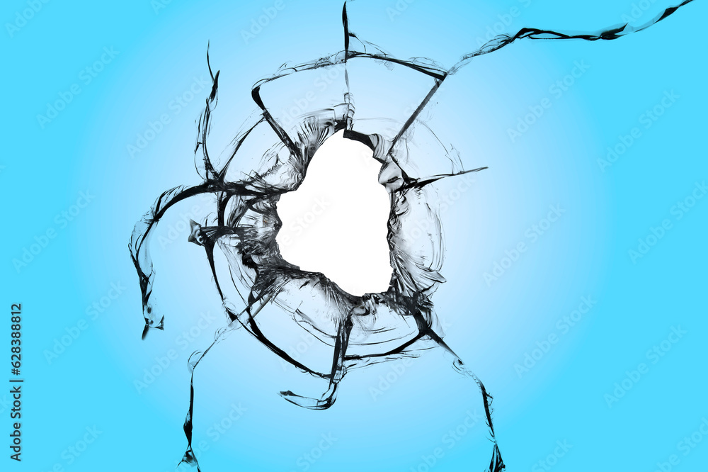 Aufkleber a hole in the window with the word blue. the effect of a broken window with cracks.