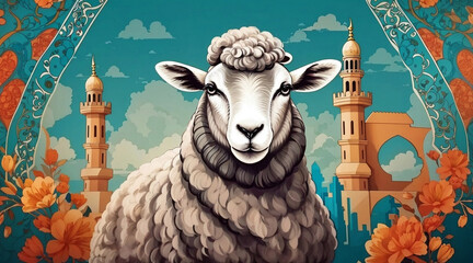Sheep illustration with islamic background. Generative AI.