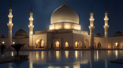 Fototapeta na wymiar The beautiful serene mosque at night in the blessed month of ramadan the illuminated. Generative AI.