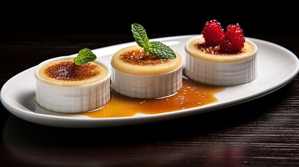  three small desserts on a white plate on a table.  generative ai