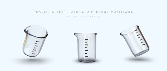 Realistic empty transparent test tubes. Set of vector icons for web design. Measuring cup with spout. Illustrations from different sides, with shadows. Laboratory utensils for research