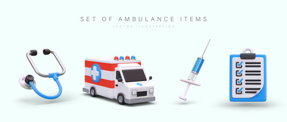Set of 3d cartoon stethoscope, ambulance, syringe and clipboard with medical cart or checklist. Ambulance items concept. Vector illustration in blue and red colors © ArtHub02