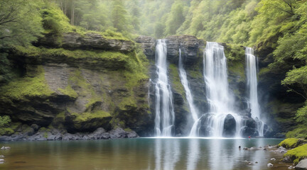 Fototapeta premium Two groups of rock formations standing at a waterfall in the forest. Generative AI.