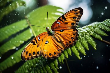 Fototapeta na wymiar A butterfly with orange wings sits on a fern