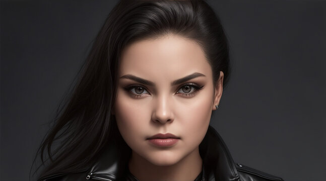 Woman with a serious expression wearing a black leather jacket looking at the camera. Generative AI.