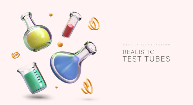 Colorful realistic 3d test tubes. Advertising poster for hospital. Medical research and tests concept. Med tubes with liquids. Vector illustration with place for text