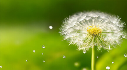 Dandelion water drops and closeup of flower in nature for spring and natural background. Generative AI.
