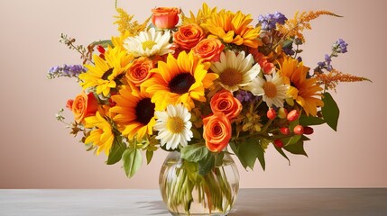  a vase of sunflowers and other flowers on a table.  generative ai