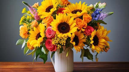  a bouquet of sunflowers and roses in a vase.  generative ai