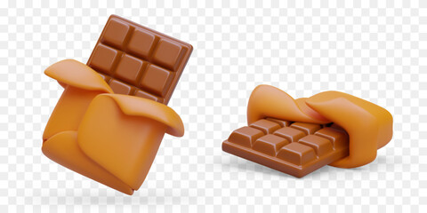 3D half opened brown chocolate bar. Sweets in wrapper. Time to enjoy something sweet. Chocolate Day. Set of isolated vector images, front and side view