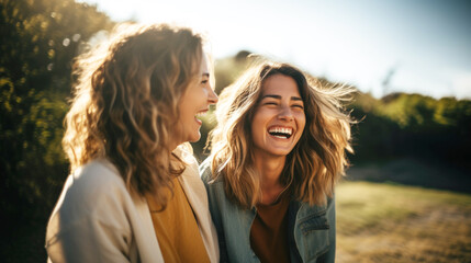 two blond young women laughing and having fun together in nature - Powered by Adobe