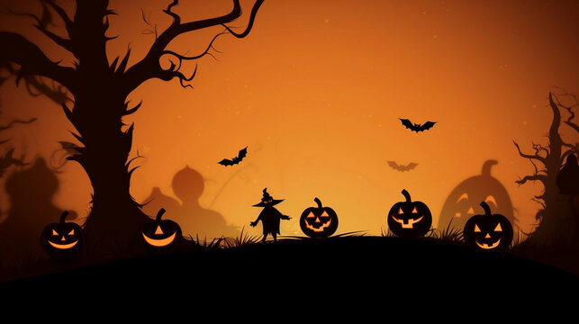 AI generated. Simple Halloween background with pumpkins and a dead tree. Silhouette of a witch. Bats are flying in the air. Copy space available in the centre of the image.
