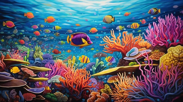  a painting of an underwater scene with corals and fish.  generative ai