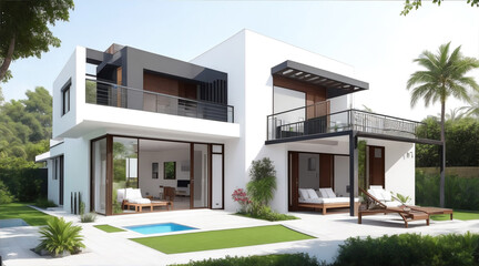 Fototapeta na wymiar Design house modern villa with open plan living and private bedroom wing large terrace with privacy. Generative AI.
