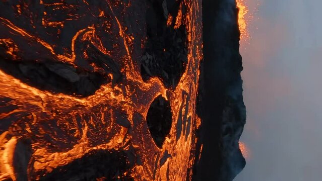 Vertical FPV drone shot over a lava river and around exploding volcano magma