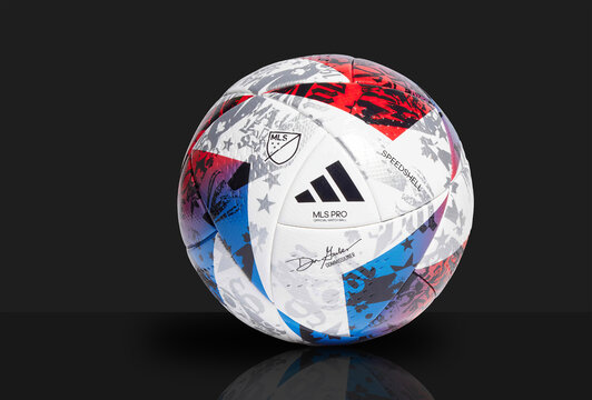 Calgary, Alberta, Canada. July 26, 2023. An adidas Major League Soccer Official MLS Pro Match Ball for the 2023 season on a black background.