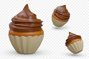 Cupcake with chocolate whipped swirl cream topping. Muffin in package, top, bottom, side view. Set of vector images with reflections and shadows. Culinary theme, sweets