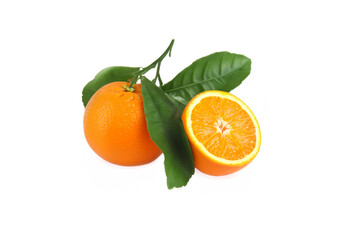 Fototapeta na wymiar Oranges with green leaves, isolated on white MADE OF AI