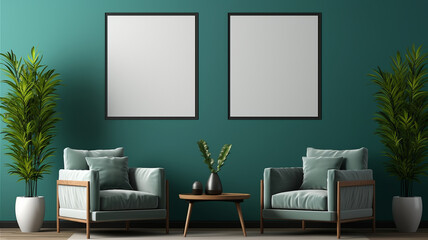 Home Interior, modern green living room interior with poster frame mockup. Generative AI