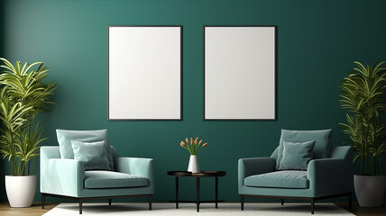 Fototapeta na wymiar Home Interior, modern green living room interior with poster frame mockup. Generative AI