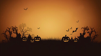 AI generated. Simple Halloween background with pumpkins and plants at both sides. Bats are flying in the air.