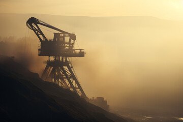 Large bucket wheel excavators in a lignite (brown-coal) mine after sunset. Concept. Generative AI.
