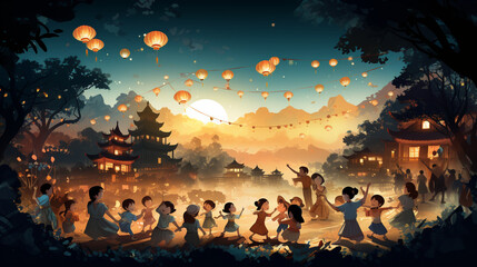 Fototapeta na wymiar A joyful scene of children playing traditional games under the moonlight during the Mid-Autumn Festival Generative AI