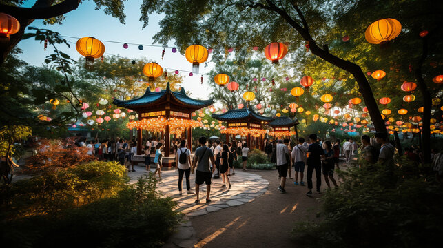 A serene park with colorful lanterns hanging from the trees, inviting people to celebrate the Mid-Autumn Festival Generative AI