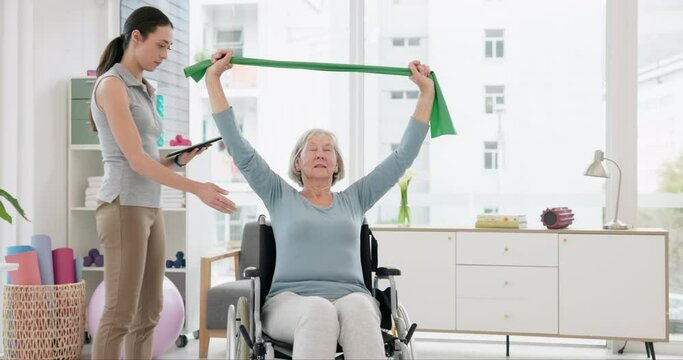 Senior woman with disability, physiotherapist and stretching band for muscle rehabilitation, healthcare assessment and chiropractor services. Physiotherapy, healing and support patient in wheelchair