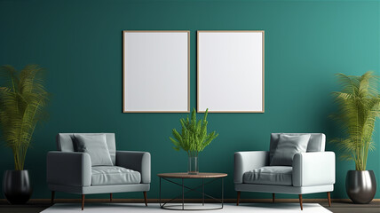 Home Interior, modern green living room interior with poster frame mockup. Generative AI