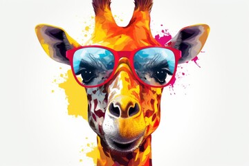 Cartoon colorful giraffe with sunglasses on white background