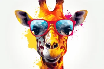 Gordijnen Cartoon colorful giraffe with sunglasses on white background © Denis