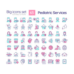 Pediatric services RGB color icons set. Child healthcare. Check up. Children hospital. Baby doctor. Isolated vector illustrations. Simple filled line drawings collection. Editable stroke