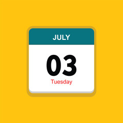 tuesday 03 july icon with yellow background, calender icon