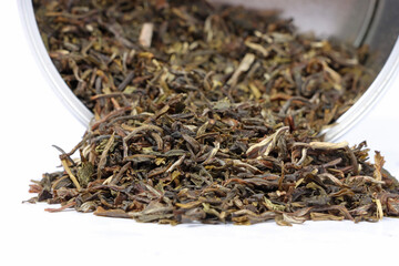 metal box with tea isolated on white 