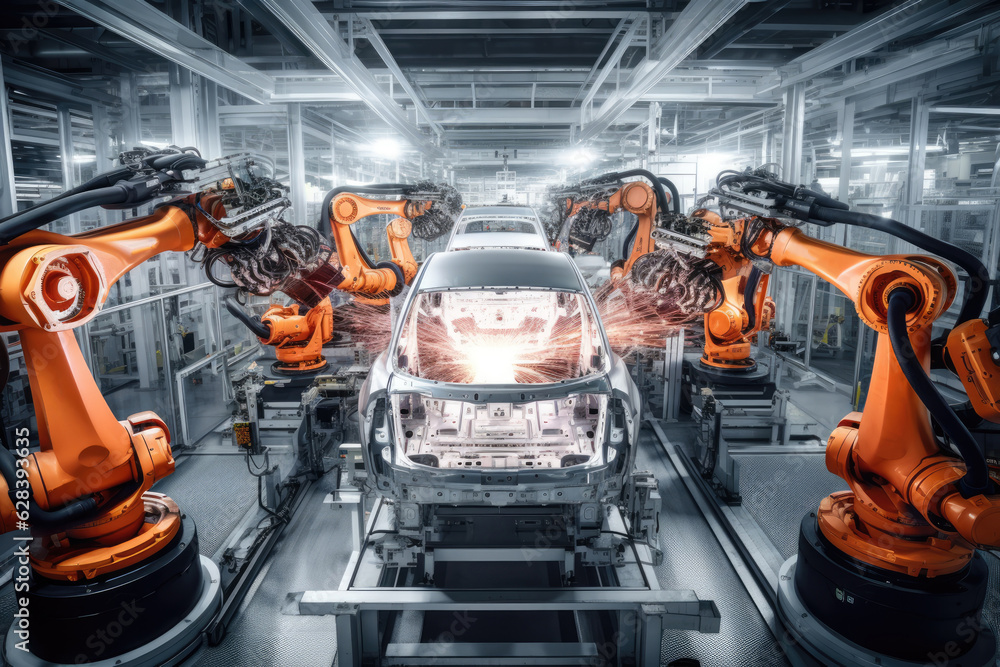 Fototapete robotic arm for electronic assembly line. smart modern factory automation using advanced machines.