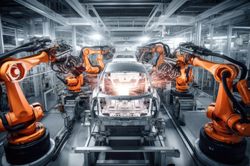 Robotic arm for electronic assembly line. Smart modern factory automation using advanced machines.