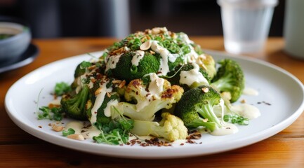 Fresh broccoli and cauliflower salad with Tahini dressing on plate - obrazy, fototapety, plakaty