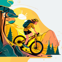 Drawing of an athlete in a helmet on a mountain bike against the background of colored mountains and sunset