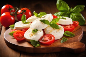 Mozzarella and tomato salad. Fresh italian caprese salad with mozzarella and tomatoes on wooden board. Generative AI