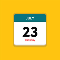 tuesday 23 july icon with yellow background, calender icon