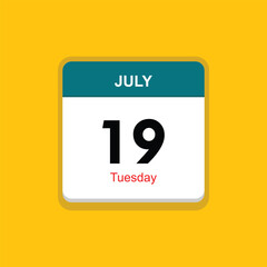 tuesday 19 july icon with yellow background, calender icon
