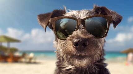 Portrait of Schnauzer dog breed with sunglasses on the beach