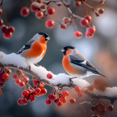 Two bullfinches sit on a rowan branch in winter. Branch in the snow. Generative ai.