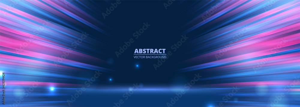Poster Blue and pink speed lights abstract background motion effect travel through time and space. Fast movement hyper speed backdrop. Fast motion blue and pink lines abstract futuristic vector background.