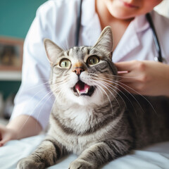 Cat frighten or surprised cat when female vet examining, veterinary clinic concept
