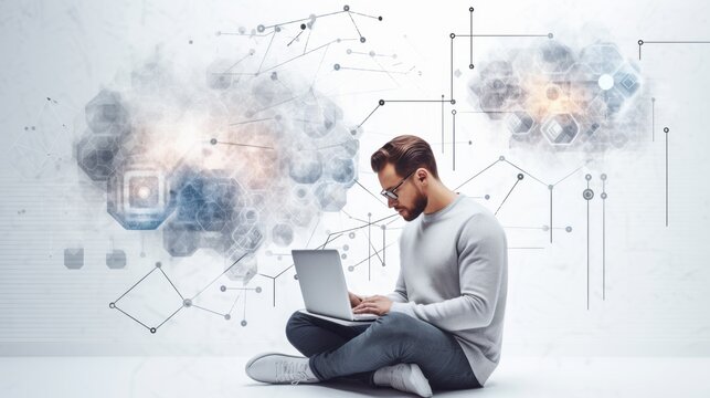 Businessman working with AI futuristic set up with laptop. banner