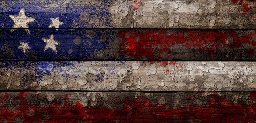 Illustrative American flag paint splatter on vintage wooden boards