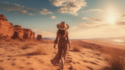 Fototapeta na wymiar dunes by the sea. woman in a hat