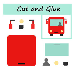 Educational paper game for kids. Cut parts of the image and glue on the paper. DIY worksheet. Cartoon autobus.